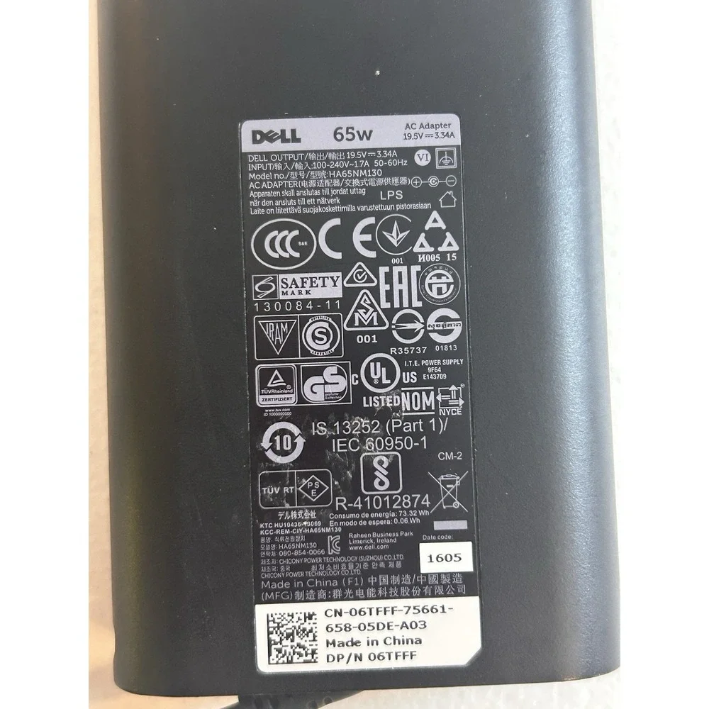 Dell 65W AC Power Adapter and Charger Cord. CN-06TFFF-75661-658-05DE-A03